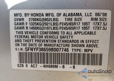 2009 Honda Pilot Ex-L z USA, uszkodzony, nr VIN 5FNYF38659B007746
